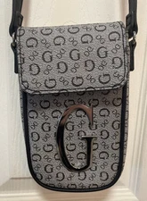 New Guess G Logo Coated Canvas Maloney Mini Crossbody Bag Grey And Black Silver