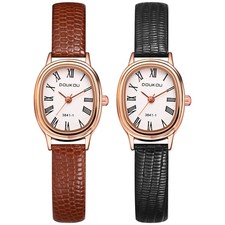 Womens Ladies Small PU Leather Strap Roman Numerals Oval Dial Quartz Wrist Watch