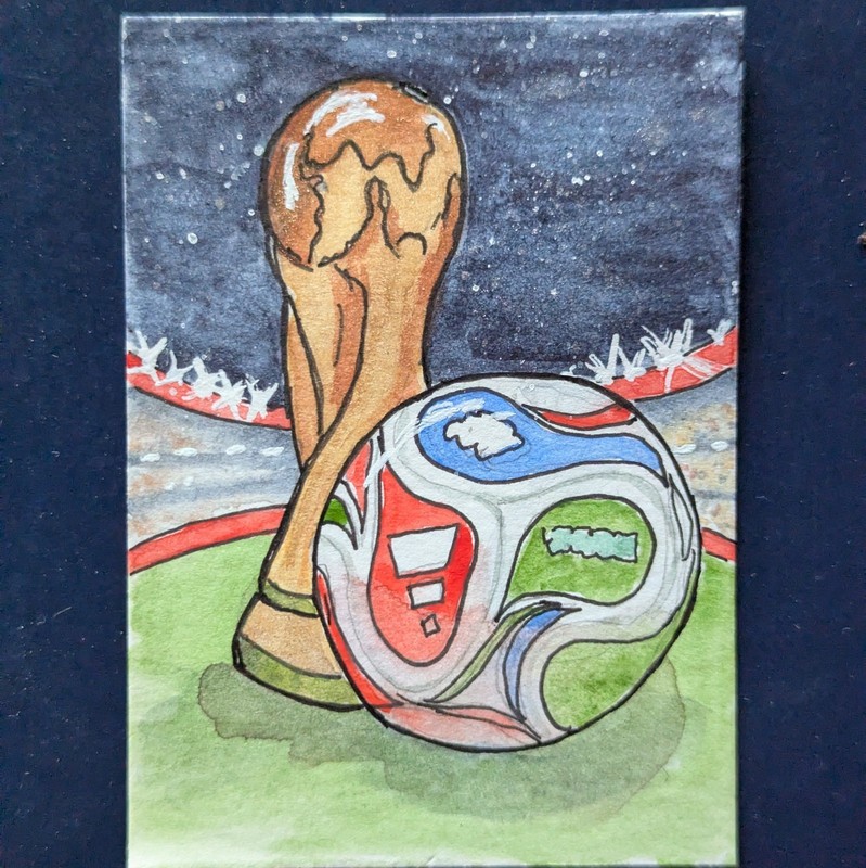 ACEO Original Watercolor And Ink World Cup Trophy And Ball In Stadium 2.5 x 3.5