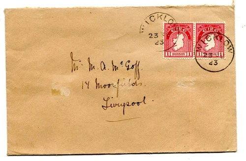 Ireland 1923 23rd Feb definitive 1d. pair on plain f.d.c. Wicklow to Liverpool
