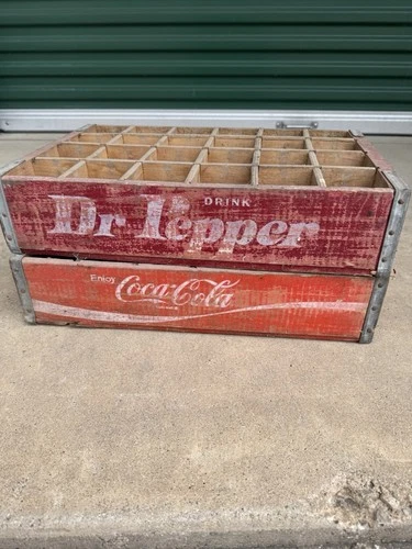 Lot Of 2 Vintage Coca-Cola Dr Pepper Wooden Crate Red Wood 24 Bottle 1970’s