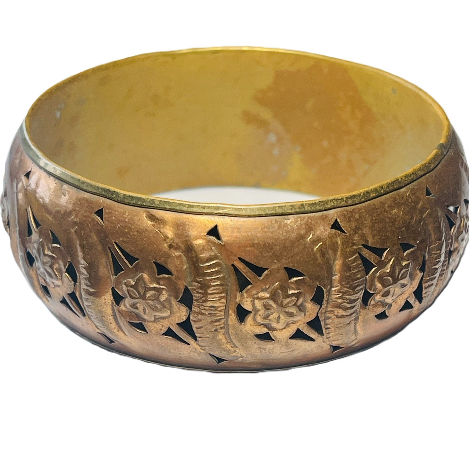 Brass Bangle Bracelet Wide Gold Tone Floral Size 8.25
