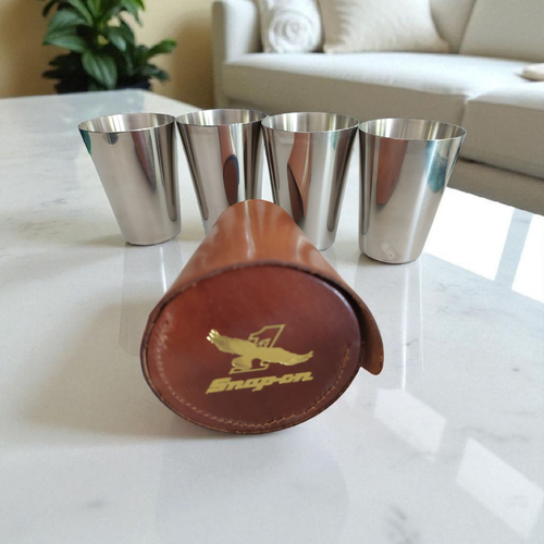 Snap-on Stainless Steel Tumbler Set (4) with Leather Case – 18/8 Steel, Vintage