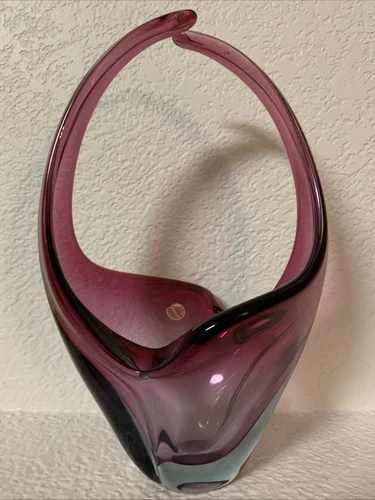 Vintage Modernist Murano Italian Art Glass Basket with Handle Pink Purple Blue