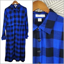 Coldwater Creek Shirt Dress size 10 Plaid Button Up Check Blue Country Midi