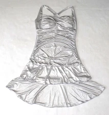 Vintage Dress Tag 1080 Size S Y2K Metallic Silver Ruched MIni Ruffle Tier Skirt