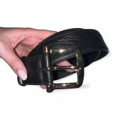 GUCCI Black Belt GG Pattern Micro Shima Leather 281548 Gold