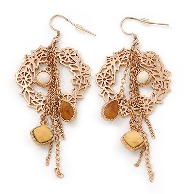 Goldfarbene Ohrhänger ''Kranz mit Kette baumelt'' - 80 mm Länge