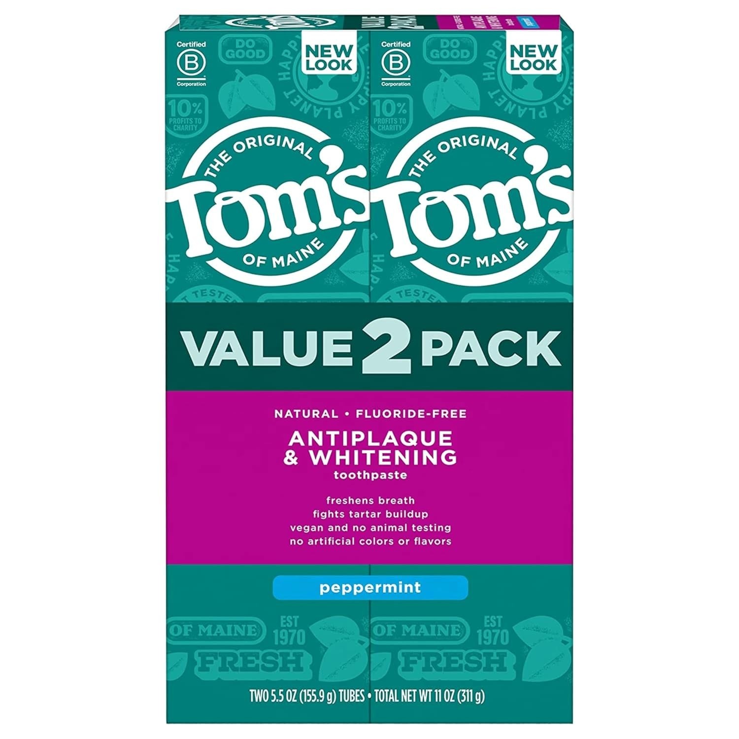Tom’S of Maine Antiplaque and Whitening Fluoride Free Toothpaste, Peppermint, 2