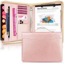 Faux Leather Portfolio Binder with Handle & Clipboard, Zippered Padfolio Fold...