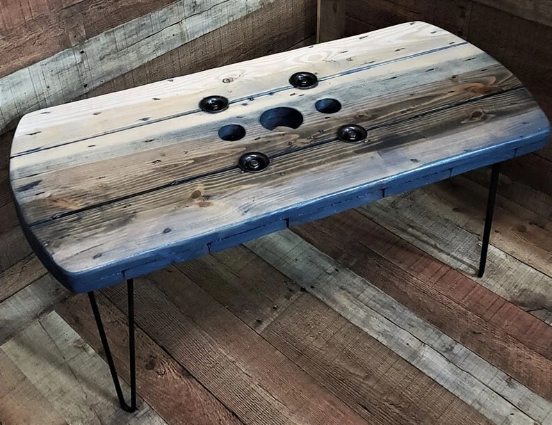 New Farmhouse Wood Spool Rectangle Table - 36" Inches Long - Hairpin & Pipe Legs - Image 3 of 4
