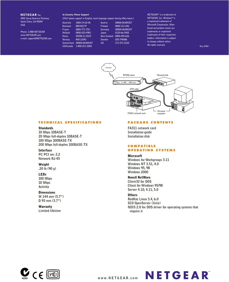 Scheda di rete Netgear FA311 Rev-C1 PCI Lan 10/100MBit PC DSL Nic Mappa Rete/Eth - Immagine 3 di 4