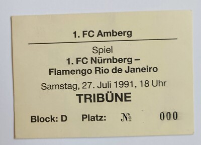  Ticket 1. FC Nürnberg gegen Flamengo Rio de Janeiro Freundschaftsspiel 1991
