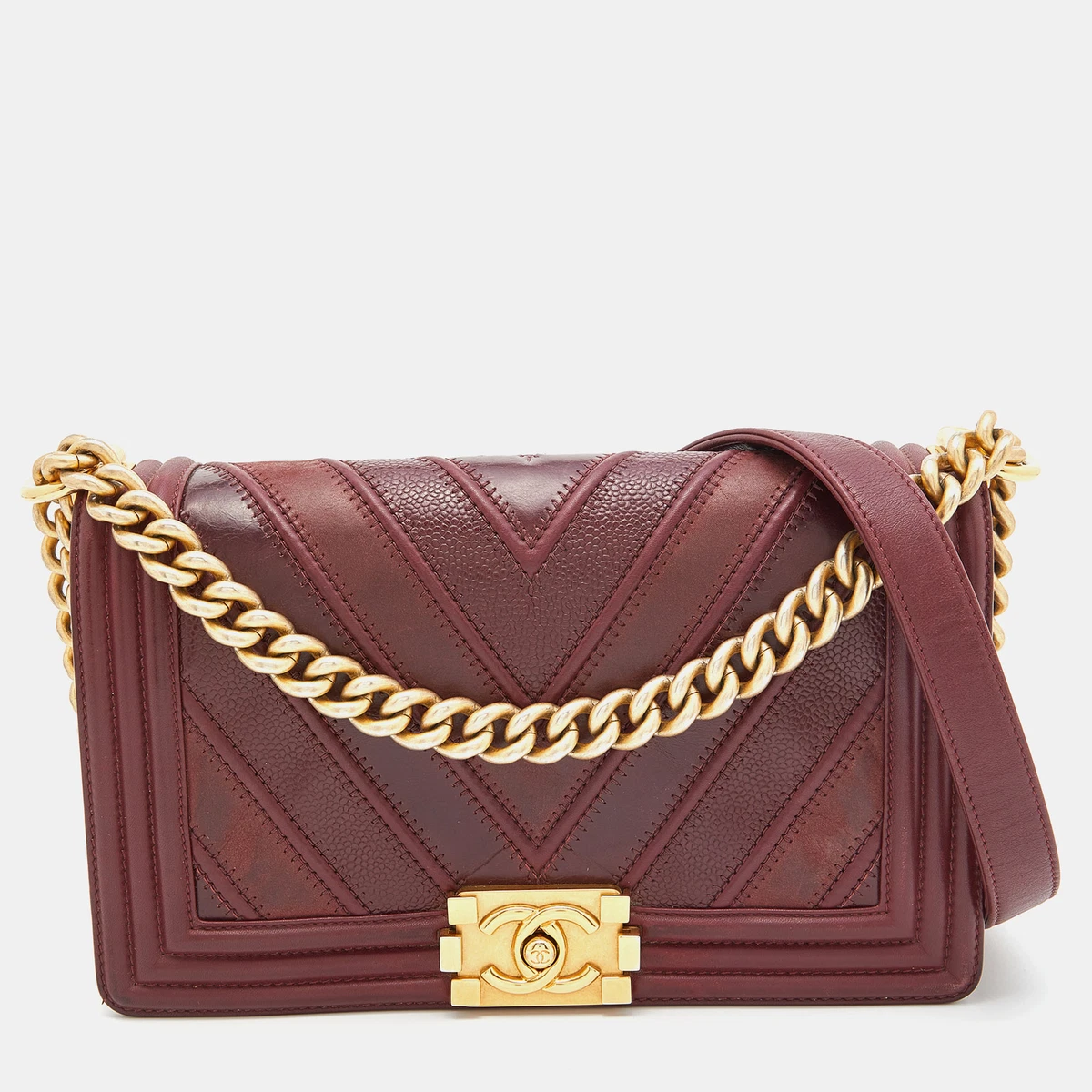 Chanel Burgundy Chevron Caviar and Leather Medium Boy Flap Bag