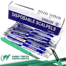 Box of 10 Disposable Sterile Scalpels #12 Carbon Steel Blades w/Graduated Handle