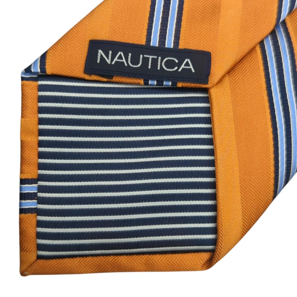 Corbata para hombre Nautica a rayas de seda naranja azul rayas espiga preppy 57,5"x3,5" Foto 4 de 4