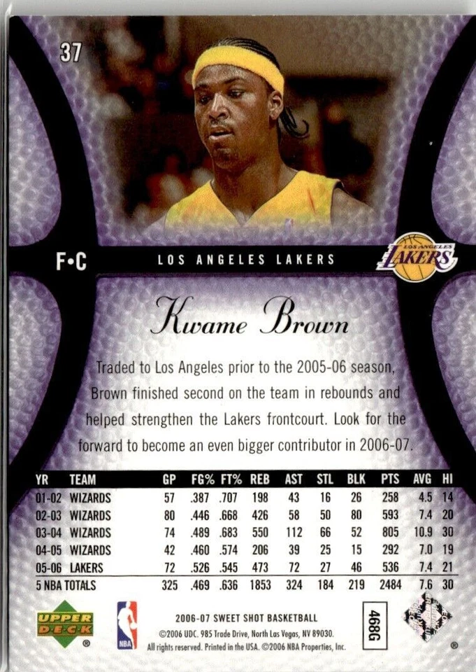2006-07 UPPER DECK SWEET SHOT KWAME BROWN LOS ANGELES LAKERS #37 - Image 2 of 2