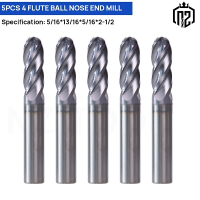 5Pcs 4 Flute 5/16'' x 13/16'' x 2'' Ball Nose End Mill AlTiN Coated Father's Day