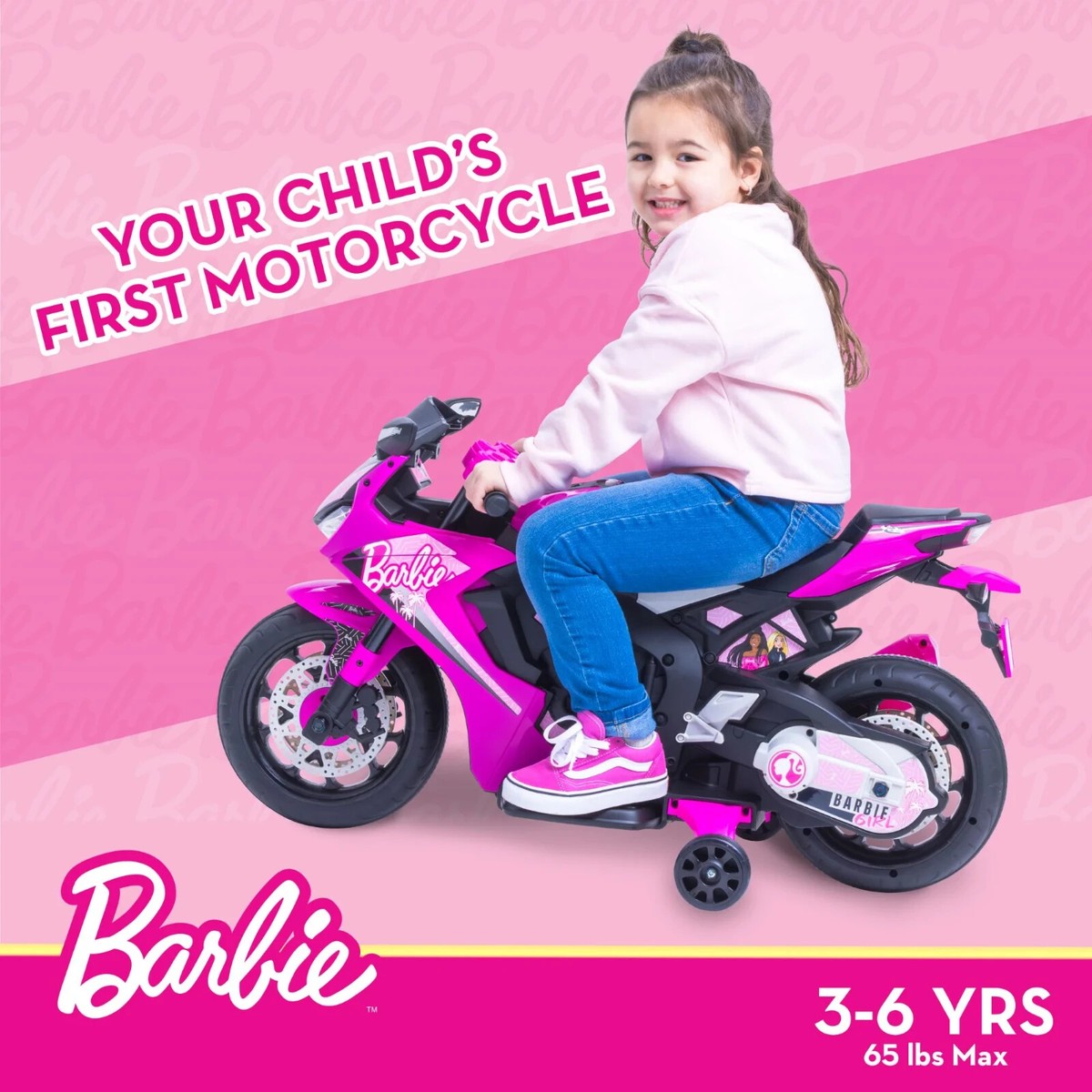 Kids Barbie 6V Battery-Powered Motorcycle w/ Training Wheels, Ages
