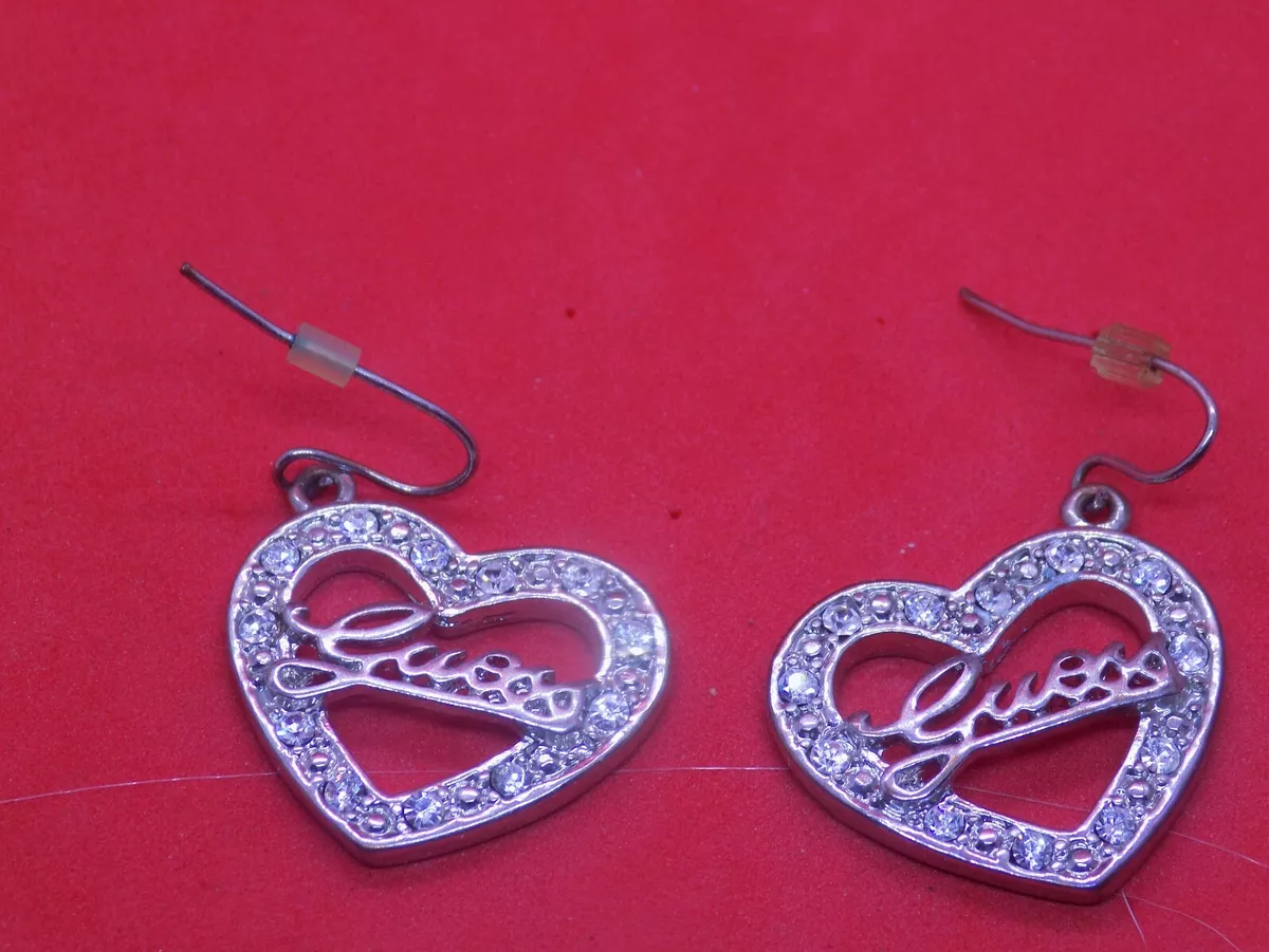 Guess Dangle Heart Earrings Silver Tone Rhinestone Drop Hook 282