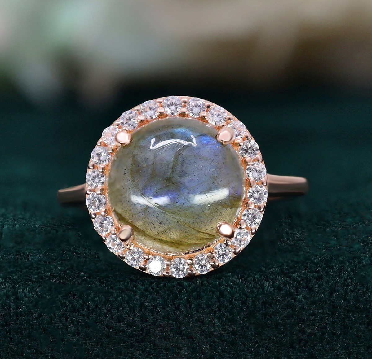 Round Labradorite Halo 925 Silver 14K Rose Gold Plated Engagement