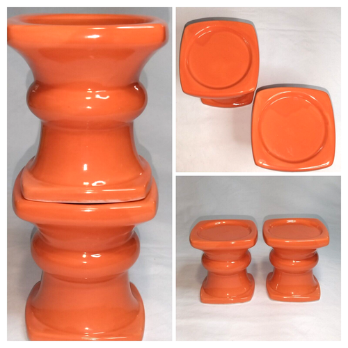 MCM Orange Pillar Candle Holders, Slip Mold, Ceramic, Gloss Glaze