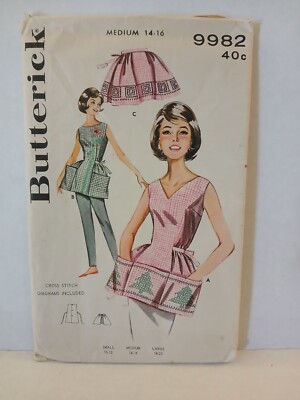Butterick Vtg Pattern, Cross Stitched Cobbler And Half Apron, 9982, Size 14-16