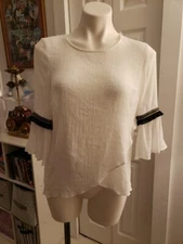 i.n. studio tops Petite Small Boho Blouse Fringe White Asymmetrical