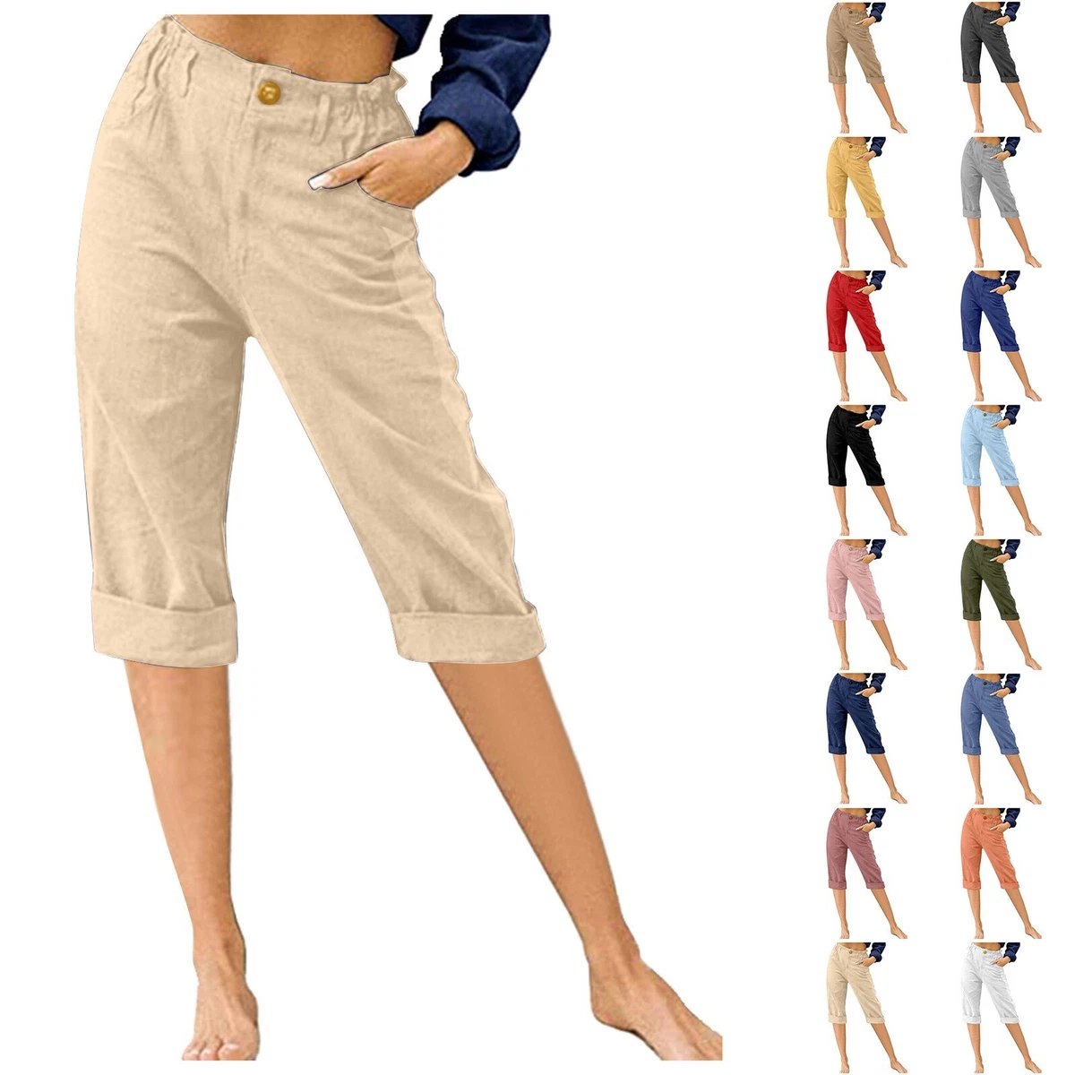 Women Capris High Waist Capri Pants Ladies Lounge Beach Solid Color Cropped Pant