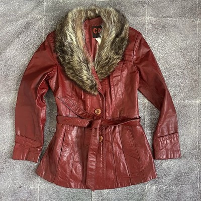 Women's Vintage 80's Casa Nova Cherry Red Leather Raccoon Fur Belted Jacket Sz M