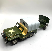 Tin Friction Army Jeep w/ Artillery Gun Carriage 6" TT Japan 1950's Vintage