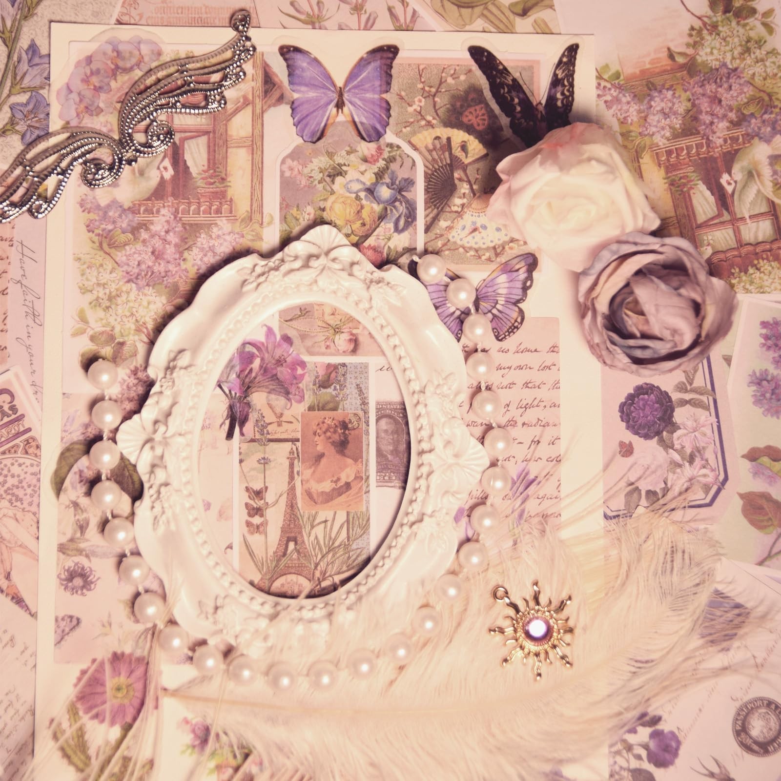 CHRYCELESTE 200pcs Vintage Purple Scrapbook Stickers and Paper, Journal Stic...