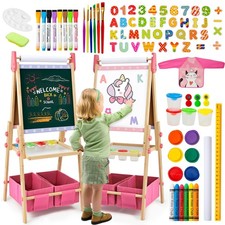 Kids Easel Including 100 Accessories, Dual-Sided Wooden Easel for Kids Girls...