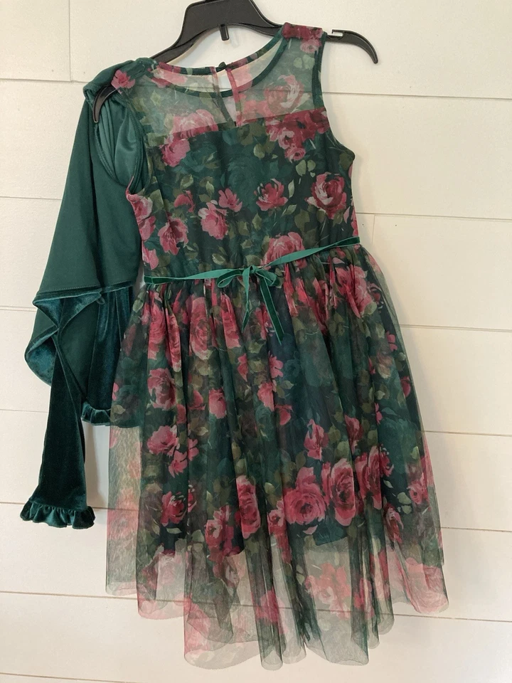 Vestido de fiesta y vacaciones para niñas Lilt Talla 7/8 Florido con chaqueta de terciopelo verde cazador Foto 4 de 4