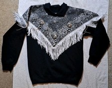 Vtg Western Cowgirl Sweatshirt Women Small 34-36 Black Floral Fringe Hanes