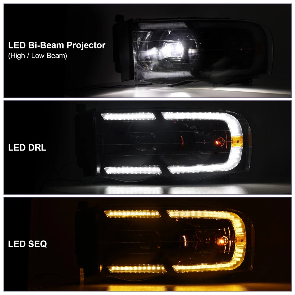 LED DRL Projector Headlights Sequential For 2002-2005 Dodge Ram 1500 2500 3500 - Image 4 of 4