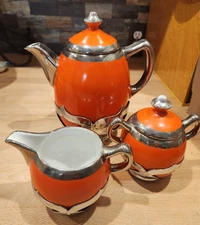 Vintage Farber Bros Fraunfelter China Orange Silver Teapot Sugar Creamer C.1930s