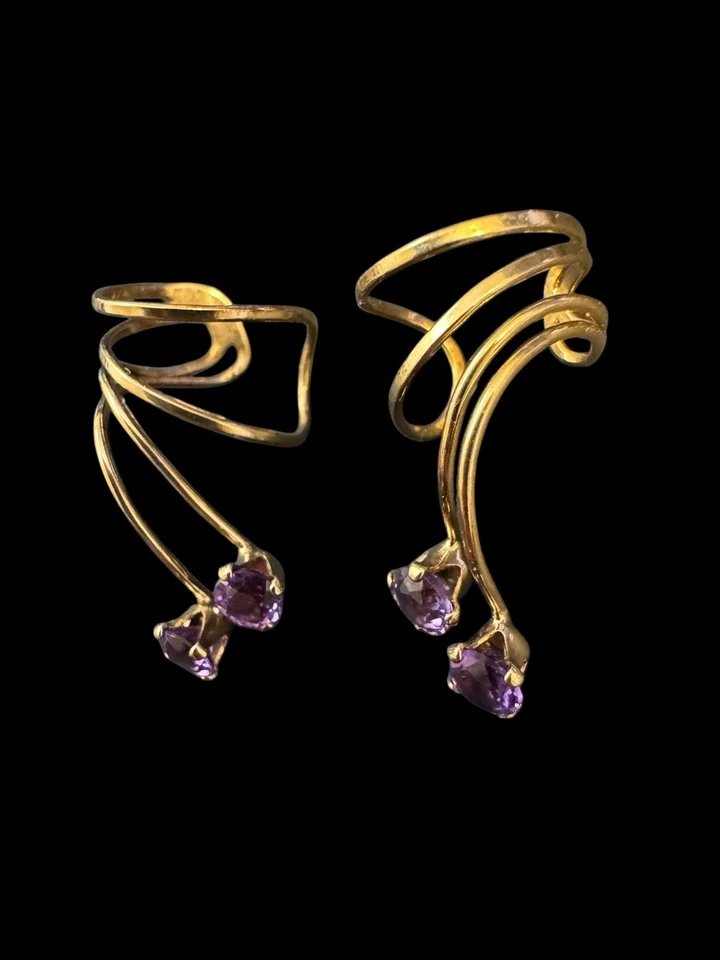 Pendientes únicos de amatista, placa de oro sin perforación piedra de nacimiento de febrero Z2 Foto 3 de 4