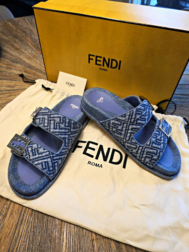 Fendi Blue Logo Fabric Slide Sandals Buckle Closure Leather Lined EU 37.5