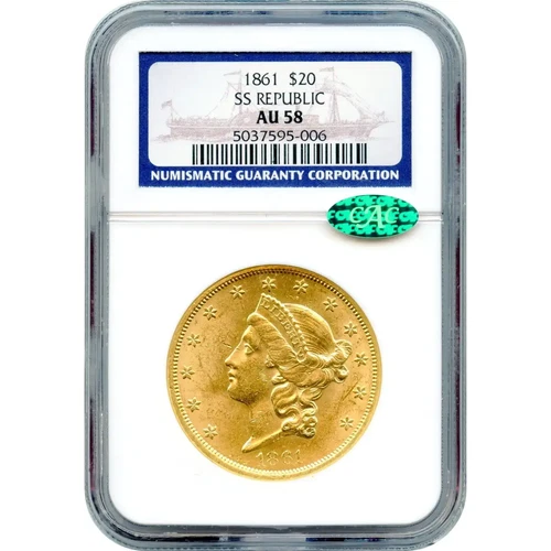 1861 $20 Liberty Gold Double Eagle NGC AU58 CAC SS Republic Shipwreck WOW!!