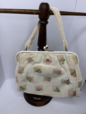Vtg 50-60  s Petite-Bead By Lumured Top Handle Bag Cream Beaded Floral Kiss Lock