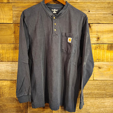 Carhartt Men’s Blue Faded Distressed Long Sleeve Cotton Henley Pocket Shirt K126