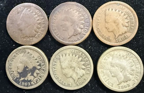 Lot of 6 Indian Head Cents/Pennies (1863 - 1864) Full Dates P - VG Grades.