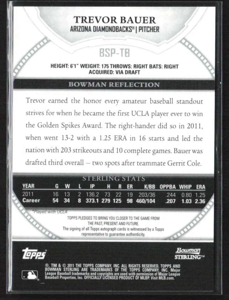 Trevor Bauer 2011 Bowman Sterling Prospect Autographs Auto #BSP-TB Arizona - Image 2 of 2