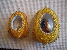 2- VINTAGE ORNATE HANDMADE STYROFOAM CHRISTMAS CHICKEN ORNAMENTS BEADED SEQUIN