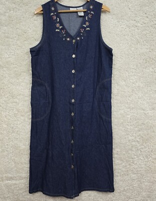 Vintage White Stag Women's Denim Dress Size Large Embroidered Western Modest