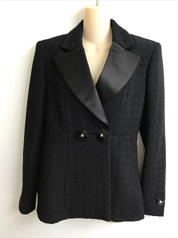 Chanel Tux Jacket Black Satin Lapel Round Front Buttons Rhinestone CC Size 38 - Image 2 of 4