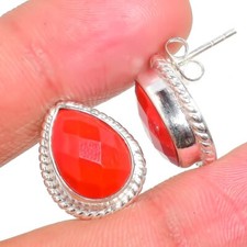 Red Coral Gemstone Handmade 925 Sterling Silver Jewelry Stud Earring Sz 0.75"