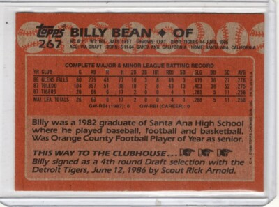 1988 Topps Billy Bean #267 Detroit Tigers Baseball Card | eBay