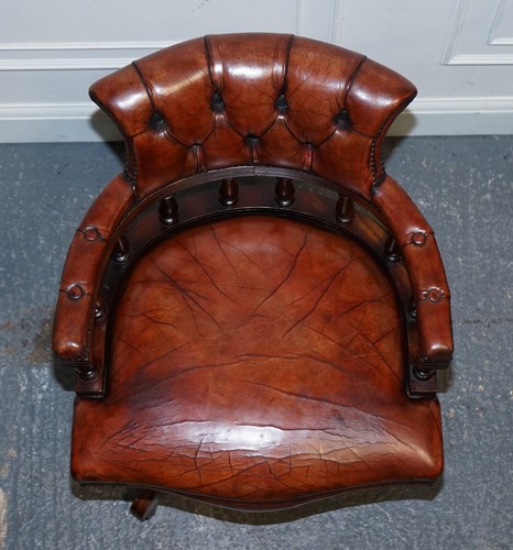 ANTIQUE HAND DYED BROWN LEATHER CHESTERFIELD CAPTAINS OFFICE SWIVEL ARMCHAIR - Picture 16 of 16